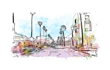 Print Building view with landmark of Oceanside is a coastal city in California. Watercolor splash with hand drawn sketch illustration in vector.