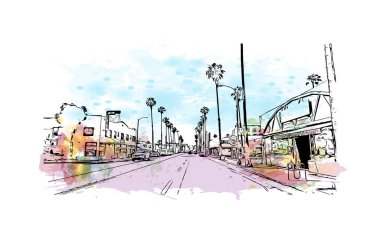 Print Building view with landmark of Oceanside is a coastal city in California. Watercolor splash with hand drawn sketch illustration in vector.