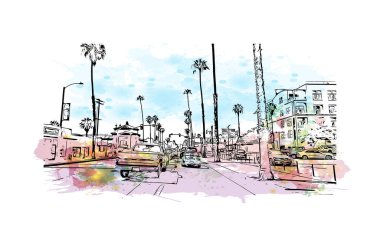 Print Building view with landmark of Oceanside is a coastal city in California. Watercolor splash with hand drawn sketch illustration in vector.