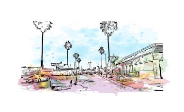 Print Building view with landmark of Oceanside is a coastal city in California. Watercolor splash with hand drawn sketch illustration in vector.