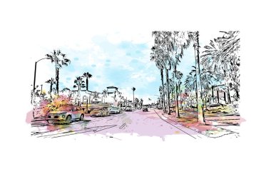 Print Building view with landmark of Oceanside is a coastal city in California. Watercolor splash with hand drawn sketch illustration in vector.