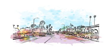 Print Building view with landmark of Oceanside is a coastal city in California. Watercolor splash with hand drawn sketch illustration in vector.