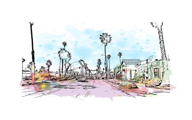 Print Building view with landmark of Oceanside is a coastal city in California. Watercolor splash with hand drawn sketch illustration in vector.