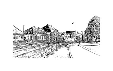 Print Building view with landmark of Odense is the third largest city in Denmark. Hand drawn sketch illustration in vector.