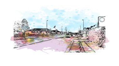 Print Building view with landmark of Odense is the third largest city in Denmark. Watercolor splash with hand drawn sketch illustration in vector.