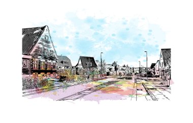Print Building view with landmark of Odense is the third largest city in Denmark. Watercolor splash with hand drawn sketch illustration in vector.