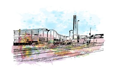 Print Building view with landmark of Odense is the third largest city in Denmark. Watercolor splash with hand drawn sketch illustration in vector.
