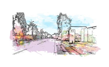 Print Building view with landmark of Odense is the third largest city in Denmark. Watercolor splash with hand drawn sketch illustration in vector.