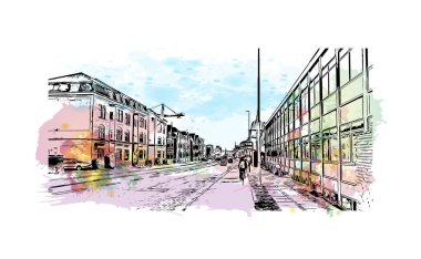 Print Building view with landmark of Odense is the third largest city in Denmark. Watercolor splash with hand drawn sketch illustration in vector.