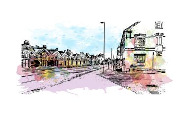 Print Building view with landmark of Odense is the third largest city in Denmark. Watercolor splash with hand drawn sketch illustration in vector.