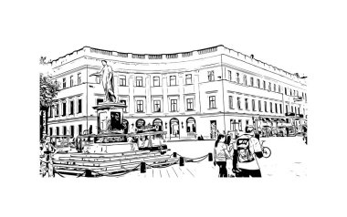 Print Building view with landmark of Odessa is the city in Ukraine. Hand drawn sketch illustration in vector.
