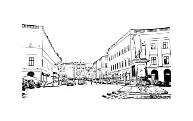 Print Building view with landmark of Odessa is the city in Ukraine. Hand drawn sketch illustration in vector.
