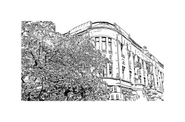 Print Building view with landmark of Odessa is the city in Ukraine. Hand drawn sketch illustration in vector.