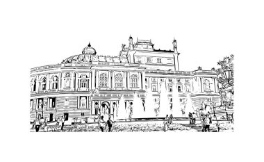 Print Building view with landmark of Odessa is the city in Ukraine. Hand drawn sketch illustration in vector.