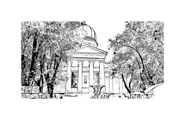 Print Building view with landmark of Odessa is the city in Ukraine. Hand drawn sketch illustration in vector.