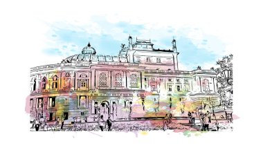 Print Building view with landmark of Odessa is the city in Ukraine. Watercolor splash with hand drawn sketch illustration in vector.