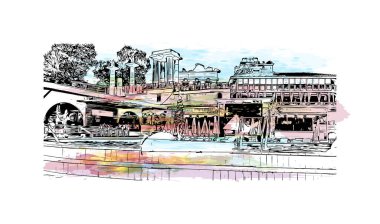 Print Building view with landmark of Odessa is the city in Ukraine. Watercolor splash with hand drawn sketch illustration in vector.