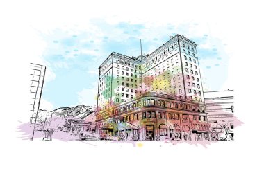 Print Building view with landmark of Ogden is the city in Utah. Watercolor splash with hand drawn sketch illustration in vector.