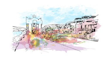 Print Building view with landmark of Oia is the village in Greece. Watercolor splash with hand drawn sketch illustration in vector.