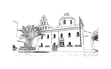 Print Building view with landmark of Oia is the village in Greece. Hand drawn sketch illustration in vector.