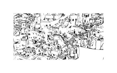 Print Building view with landmark of Oia is the village in Greece. Hand drawn sketch illustration in vector.