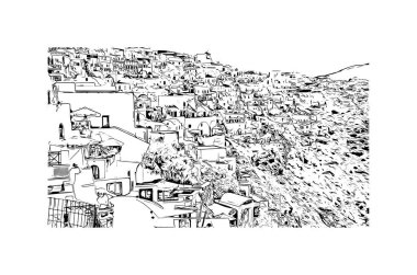 Print Building view with landmark of Oia is the village in Greece. Hand drawn sketch illustration in vector.