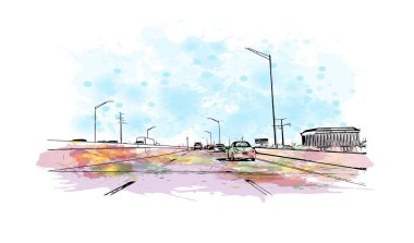 Print Building view with landmark of Oklahoma is a state in the United States. Watercolor splash with hand drawn sketch illustration in vector.