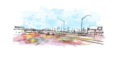 Print  Building view with landmark of Oklahoma is a state in the United States. Watercolor splash with hand drawn sketch illustration in vector.