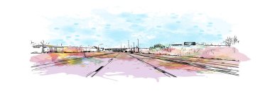 Print  Building view with landmark of Oklahoma is a state in the United States. Watercolor splash with hand drawn sketch illustration in vector.