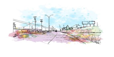 Print  Building view with landmark of Oklahoma is a state in the United States. Watercolor splash with hand drawn sketch illustration in vector.