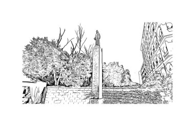 Print Building view with landmark of Olbia is the city in Italy. Hand drawn sketch illustration in vector.