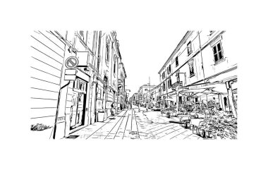 Print Building view with landmark of Olbia is the city in Italy. Hand drawn sketch illustration in vector.