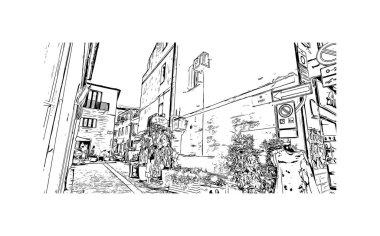 Print Building view with landmark of Olbia is the city in Italy. Hand drawn sketch illustration in vector.