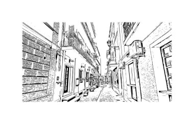 Print Building view with landmark of Olbia is the city in Italy. Hand drawn sketch illustration in vector.