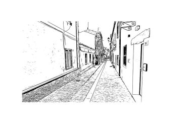 Print Building view with landmark of Olbia is the city in Italy. Hand drawn sketch illustration in vector.