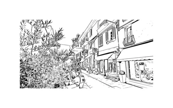 Print Building View Landmark Olbia City Italy Hand Drawn Sketch — Stockový vektor