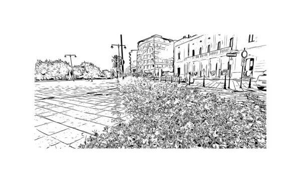 Print Building View Landmark Olbia City Italy Hand Drawn Sketch — стоковий вектор