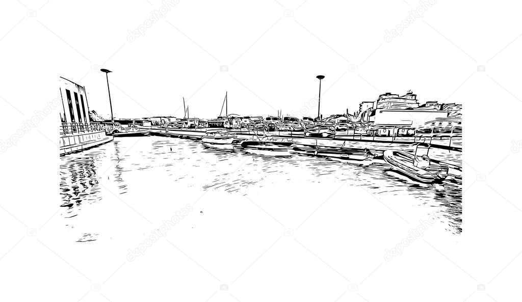 Print Building view with landmark of Olbia is the city in Italy. Hand drawn sketch illustration in vector.