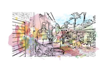 Print Building view with landmark of Olbia is the city in Italy. Hand drawn sketch illustration in vector.