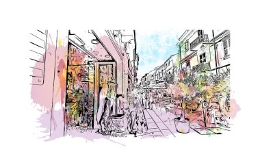 Print Building view with landmark of Olbia is the city in Italy. Watercolor splash with hand drawn sketch illustration in vector.