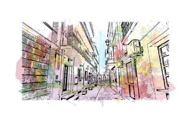 Print Building view with landmark of Olbia is the city in Italy. Watercolor splash with hand drawn sketch illustration in vector.