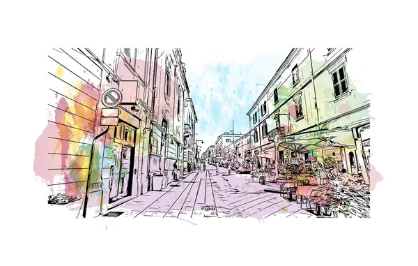 Print Building View Landmark Olbia City Italy Hand Drawn Sketch — Stock Vector