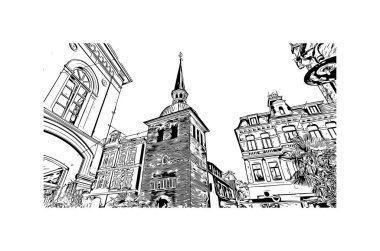 Print Building view with landmark of Oldenburg is a city in northwest Germany. Hand drawn sketch illustration in vector.
