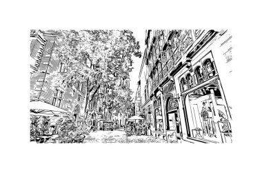 Print Building view with landmark of Oldenburg is a city in northwest Germany. Hand drawn sketch illustration in vector.