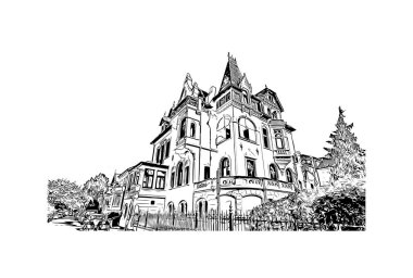 Print Building view with landmark of Oldenburg is a city in northwest Germany. Hand drawn sketch illustration in vector.