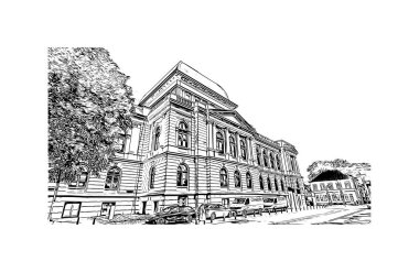 Print Building view with landmark of Oldenburg is a city in northwest Germany. Hand drawn sketch illustration in vector.