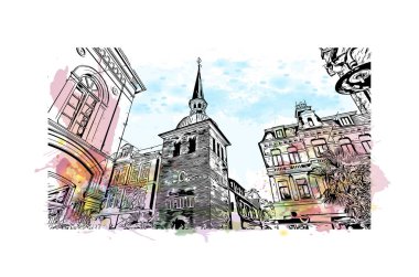 Print Building view with landmark of Oldenburg is a city in northwest Germany. Watercolor splash with hand drawn sketch illustration in vector.