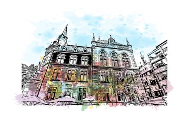 Print Building view with landmark of Oldenburg is a city in northwest Germany. Watercolor splash with hand drawn sketch illustration in vector.