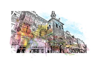 Print Building view with landmark of Oldenburg is a city in northwest Germany. Watercolor splash with hand drawn sketch illustration in vector.