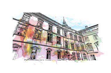 Print Building view with landmark of Oldenburg is a city in northwest Germany. Watercolor splash with hand drawn sketch illustration in vector.